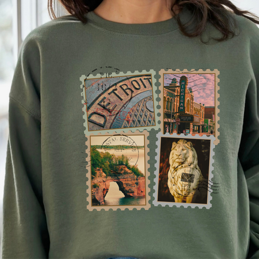 Michigan Vintage Stamp Style Sweatshirt Detroit highlight designed only for NotorieTEES