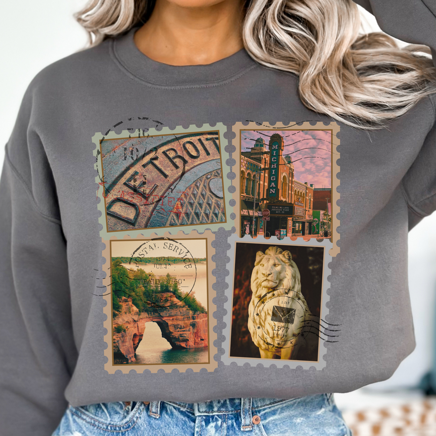 Michigan Vintage Stamp Style Sweatshirt Detroit highlight designed only for NotorieTEES