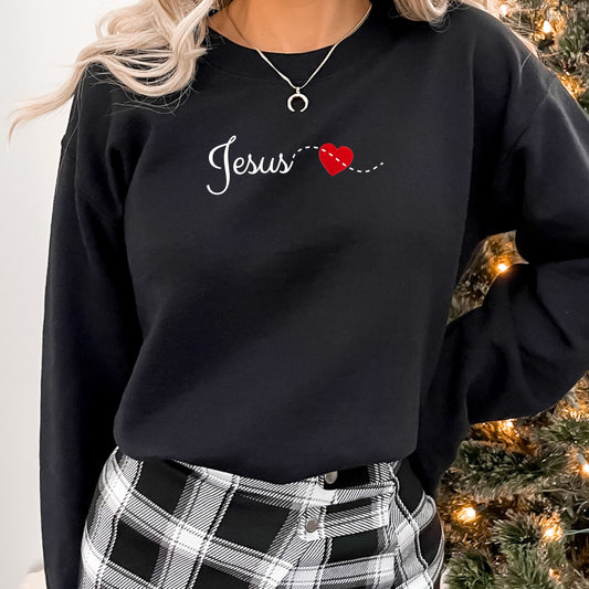 EMBROIDERY white Script Jesus with Stitched Heart – Embroidered soft Crewneck