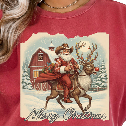 Cowboy Santa riding on Rudolph Vintage Look Merry Christmas Comfort Colors sweatshirt