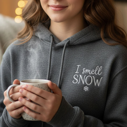 "I smell Snow" EMBROIDERED Hooded Sweatshirt, Warm Winter Layer, Stylish Graphic Hoodie, Relaxed Fit Sweatshirt