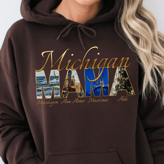 Michigan Mama Hoodie - Rich golden script font and photos of cities in Michigan with a winter vibe for the holidays