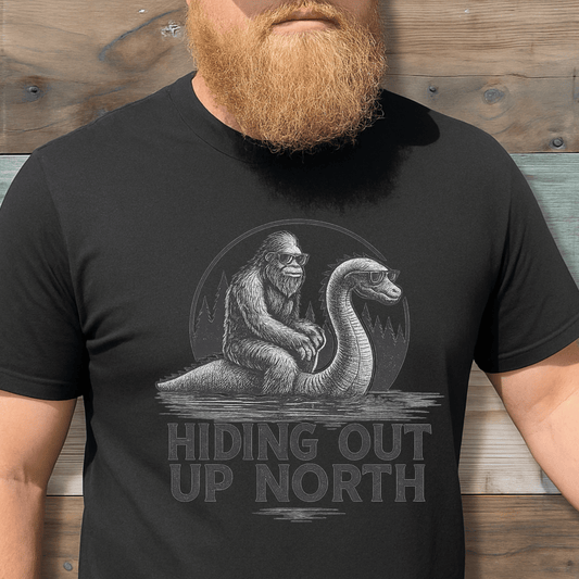Hiding Out Up North T-Shirt — Sasquatch & Loch Ness Monster Vintage Graphic Tee