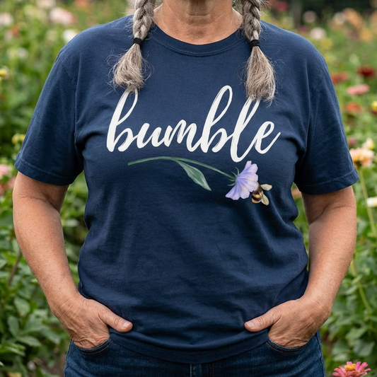 Sweet Bumble Bee with Flower Comfort Colors T-shirt | Script Bumblebee Design