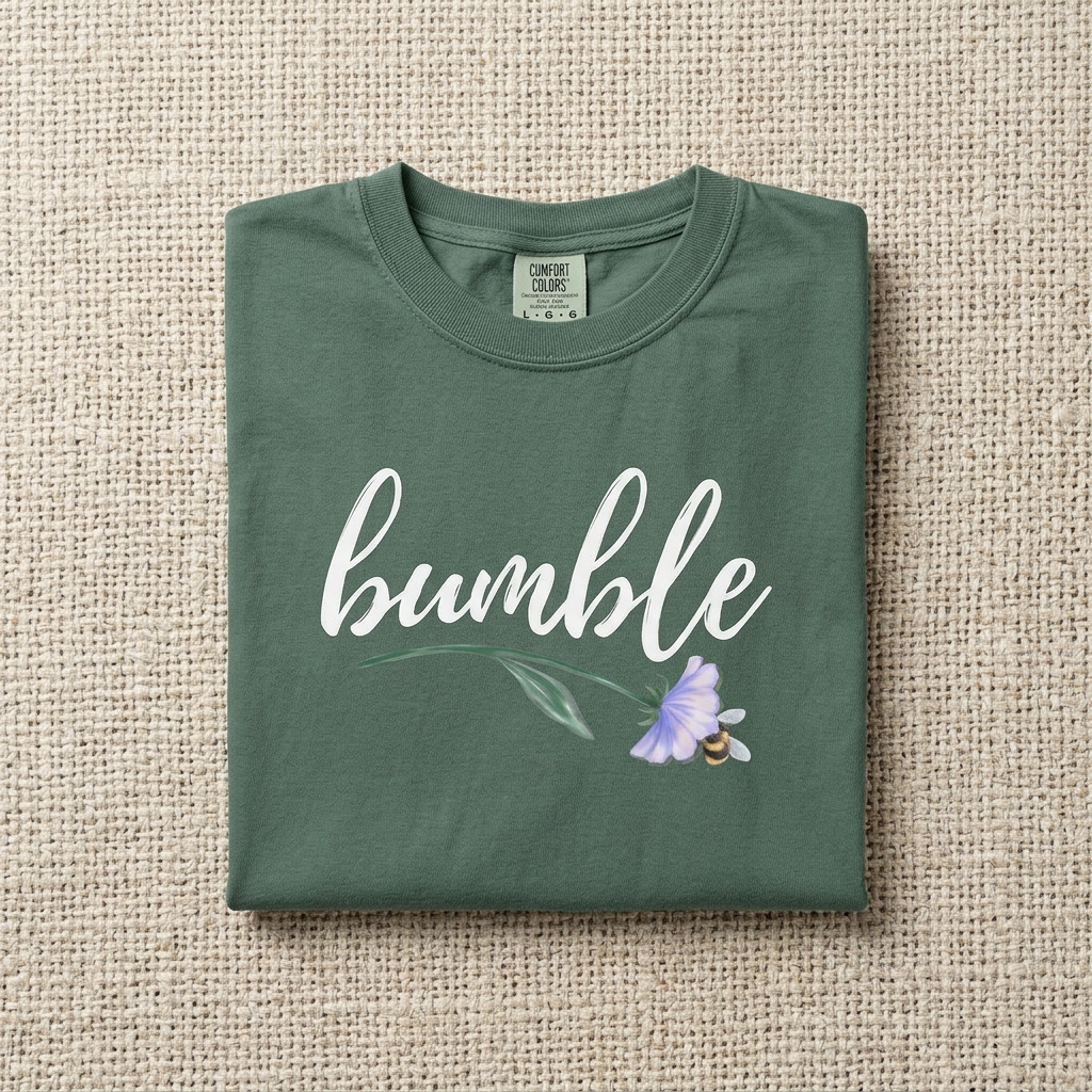 Sweet Bumble Bee with Flower Comfort Colors T-shirt | Script Bumblebee Design
