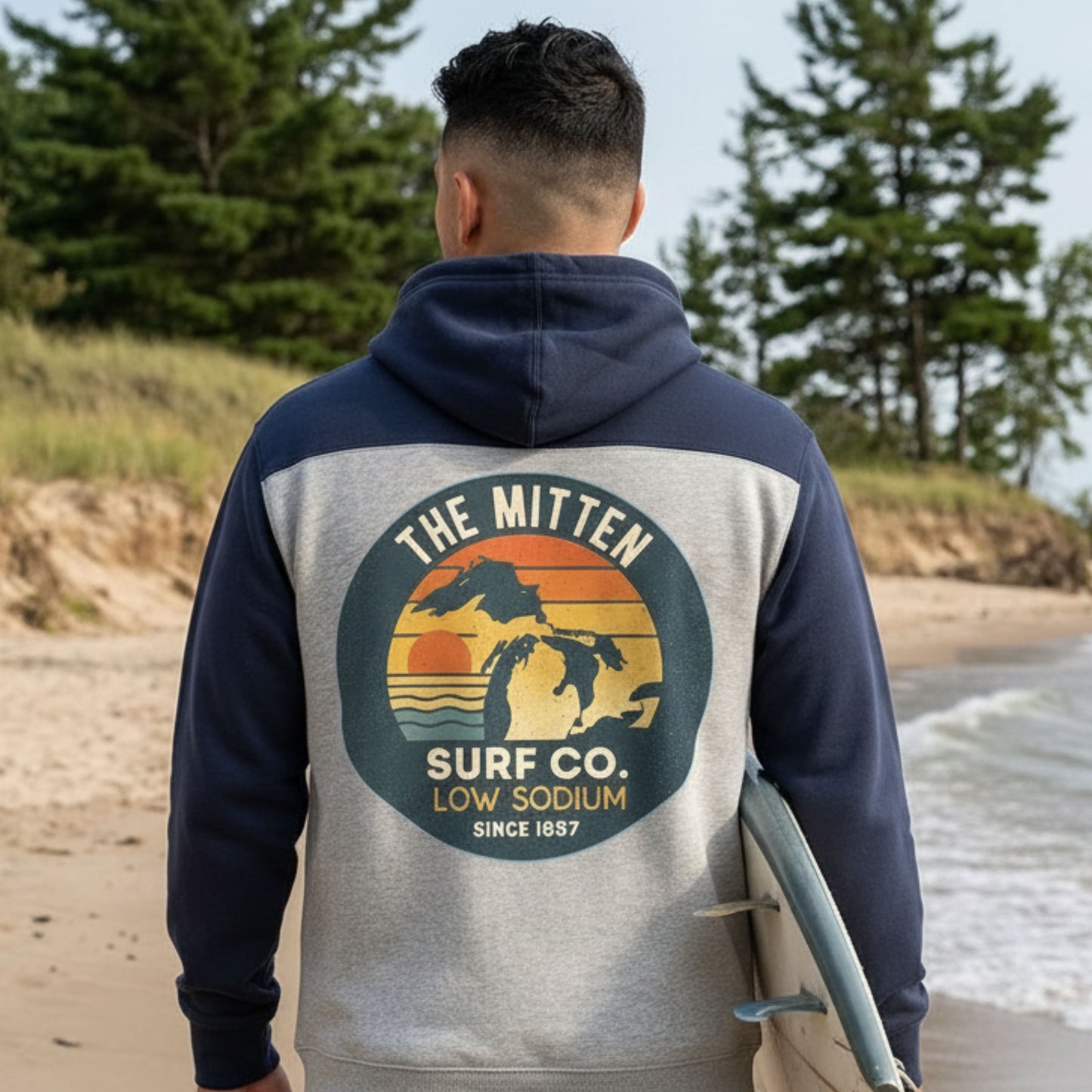 Mitten Surf Co. "Low Sodium Since 1837" Long Sleeve Hoodie — Two‑Tone Michigan Surf Sweatshirt