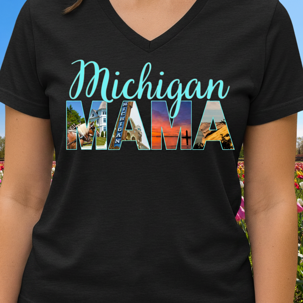 Michigan Mama V-Neck T-Shirt — Script 'Michigan' & Photo-Block 'Mama' Tee
