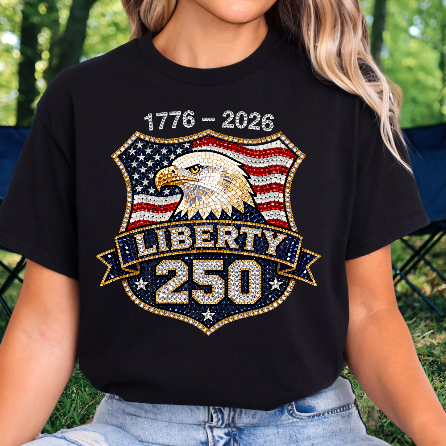 Patriotic Eagle USA Flag FAUX Glitter T-Shirt — 250 Year Celebration
