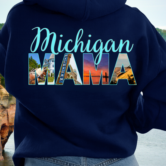 Michigan Mama Hoodie - Back Print Teal Blue script font and photos of cities in Michigan - Summer Version