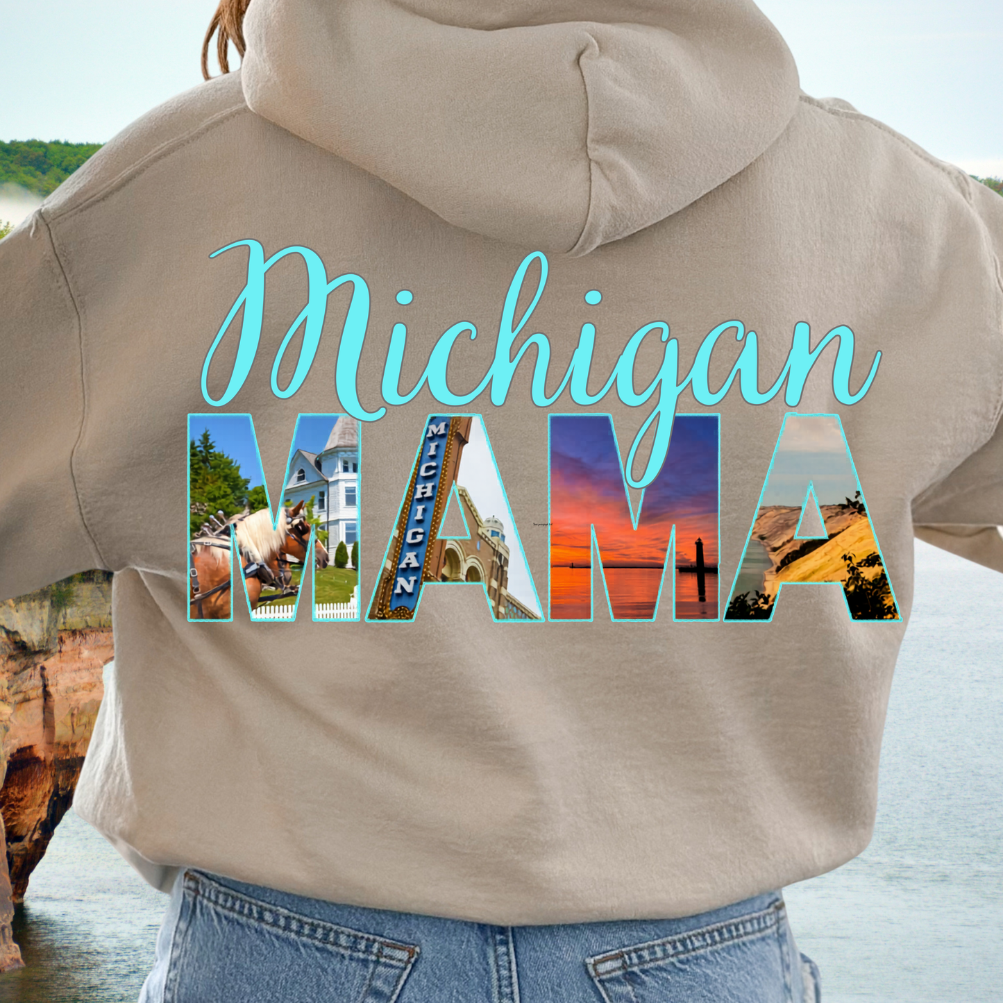 Michigan Mama Hoodie - Back Print Teal Blue script font and photos of cities in Michigan - Summer Version