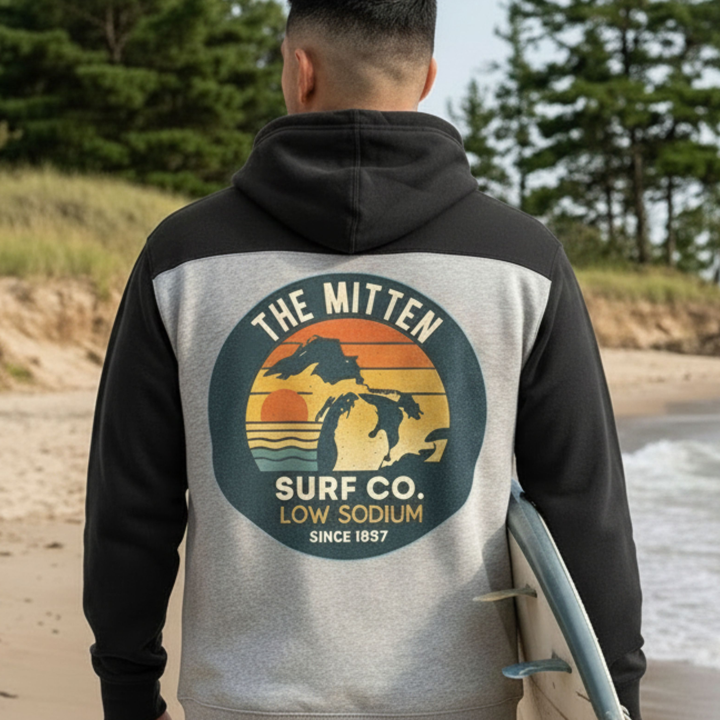 Mitten Surf Co. "Low Sodium Since 1837" Long Sleeve Hoodie — Two‑Tone Michigan Surf Sweatshirt