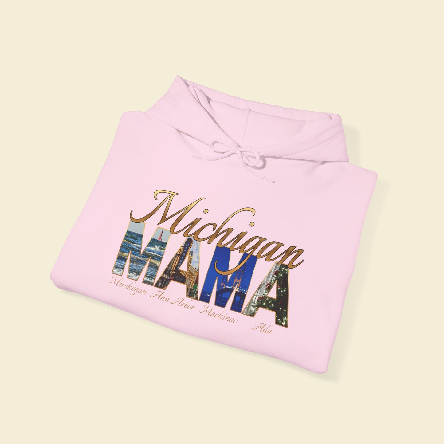Michigan Mama Hoodie - Rich golden script font and photos of cities in Michigan with a winter vibe for the holidays