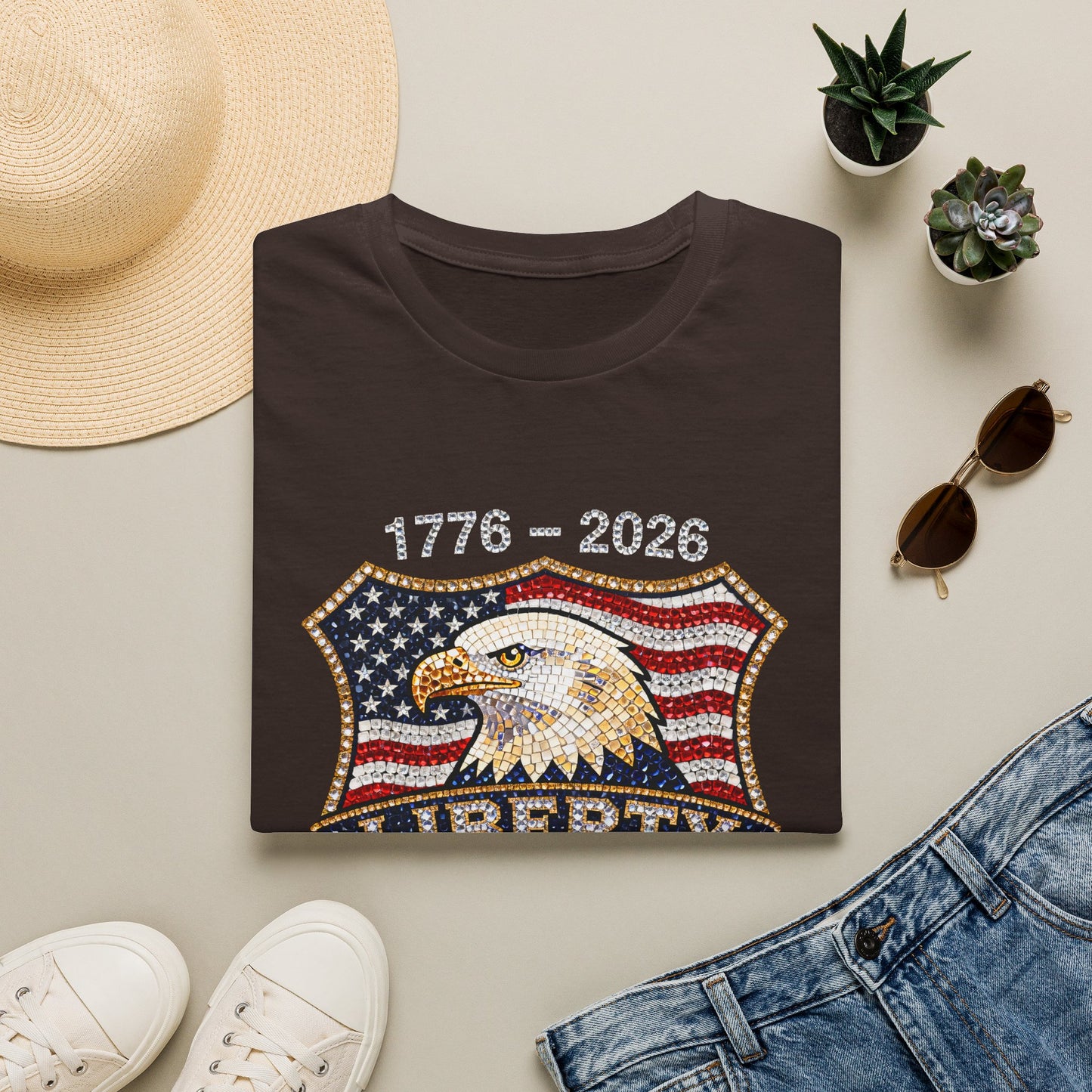Patriotic Eagle USA Flag FAUX Glitter T-Shirt — 250 Year Celebration