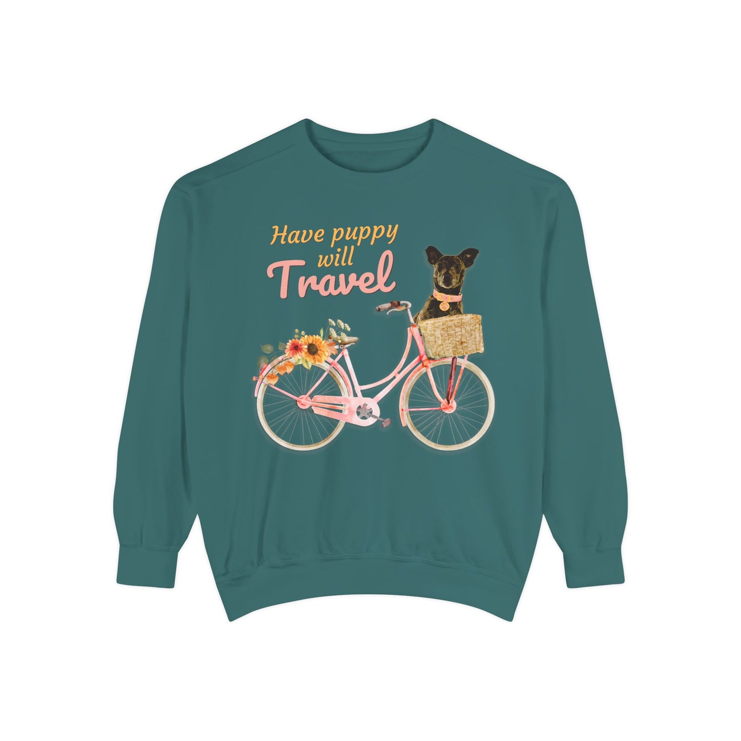 Cute FALL floral Have Puppy will Travel shirt with adorable puppy in Bicycle basket ready to go for a ride