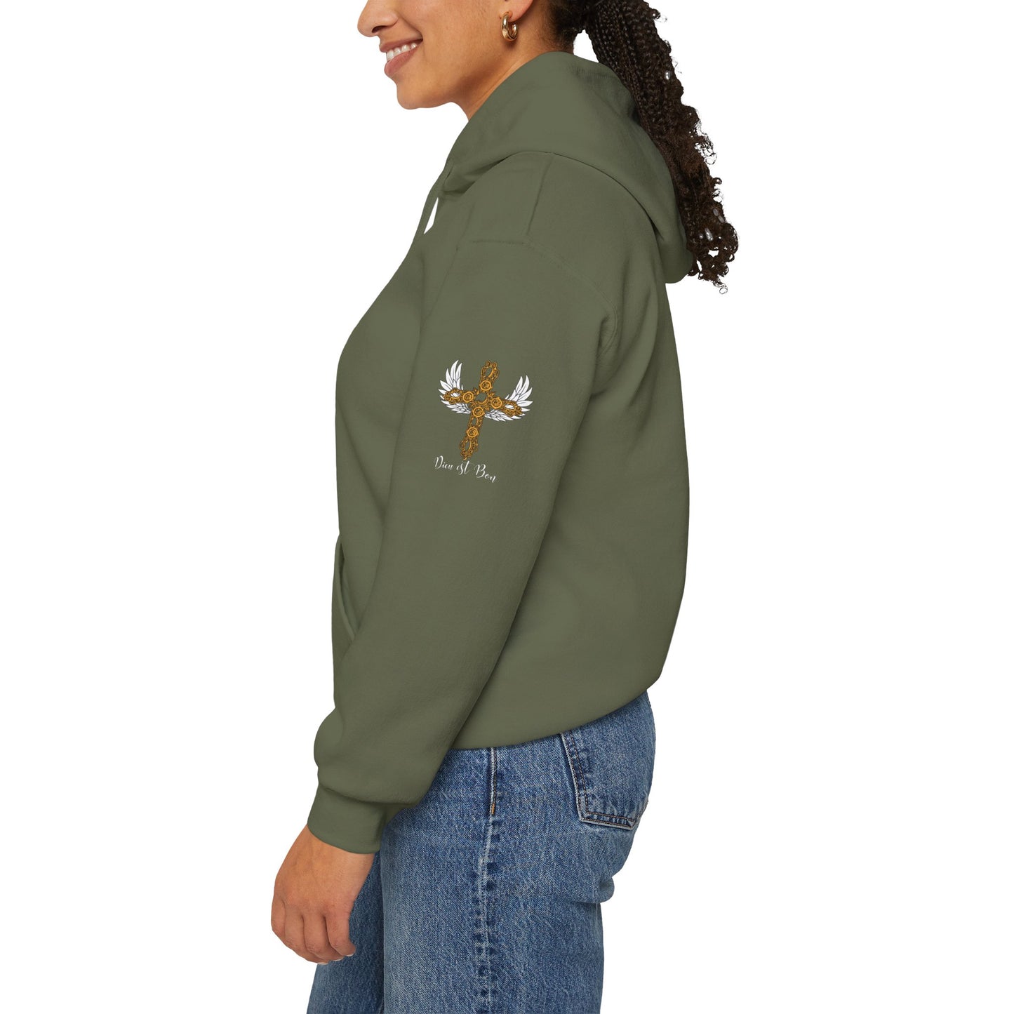 Dieu est Bon God is Good Hoodie with famous Faith Statement.  Gold Cross with white wings