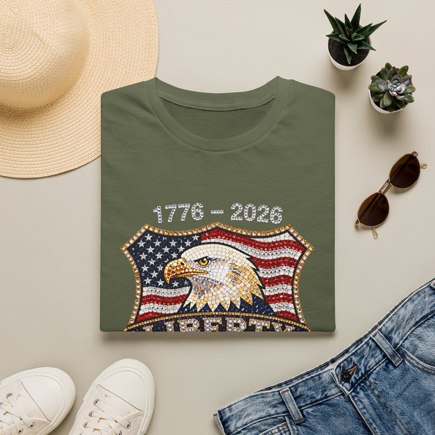 Patriotic Eagle USA Flag FAUX Glitter T-Shirt — 250 Year Celebration