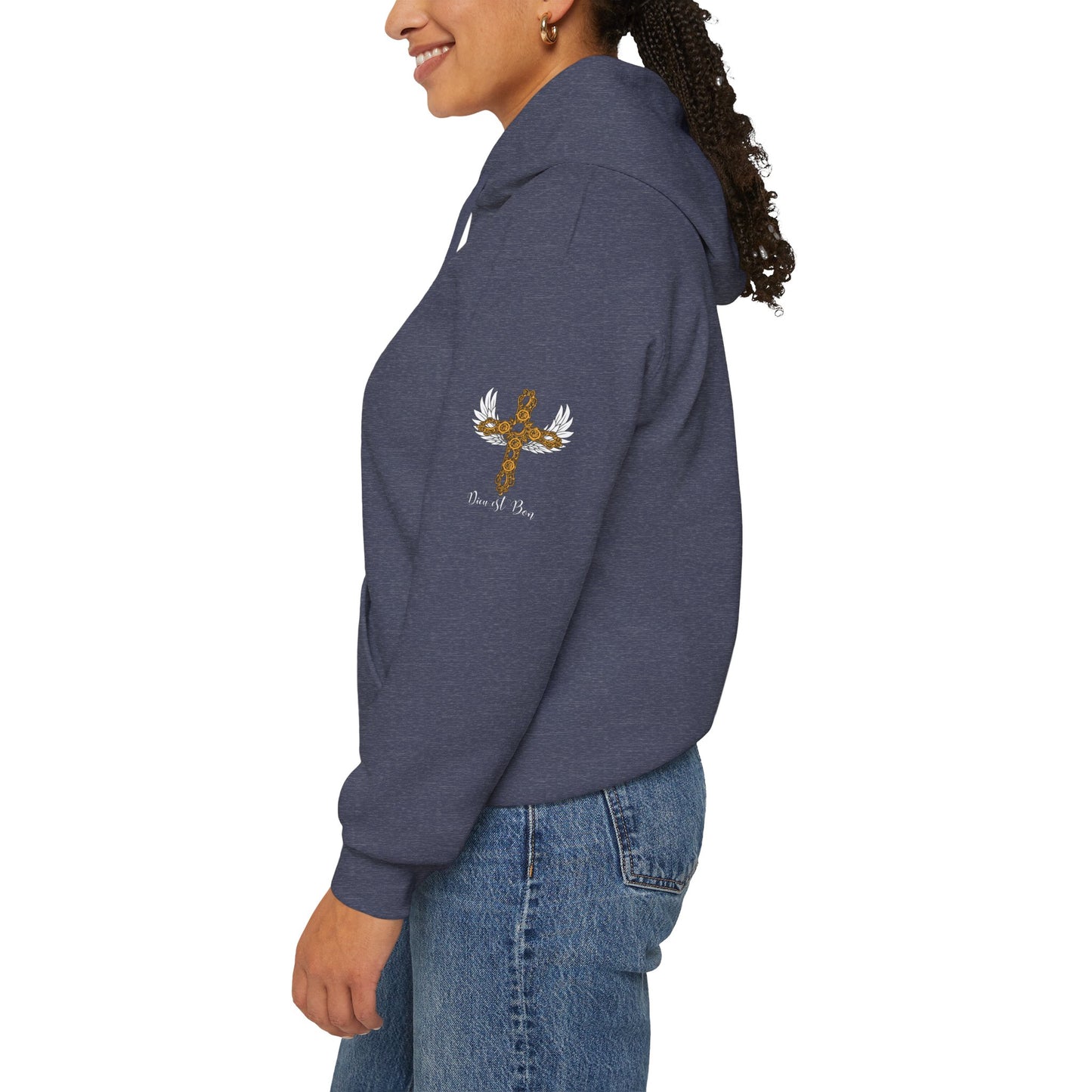 Dieu est Bon God is Good Hoodie with famous Faith Statement.  Gold Cross with white wings