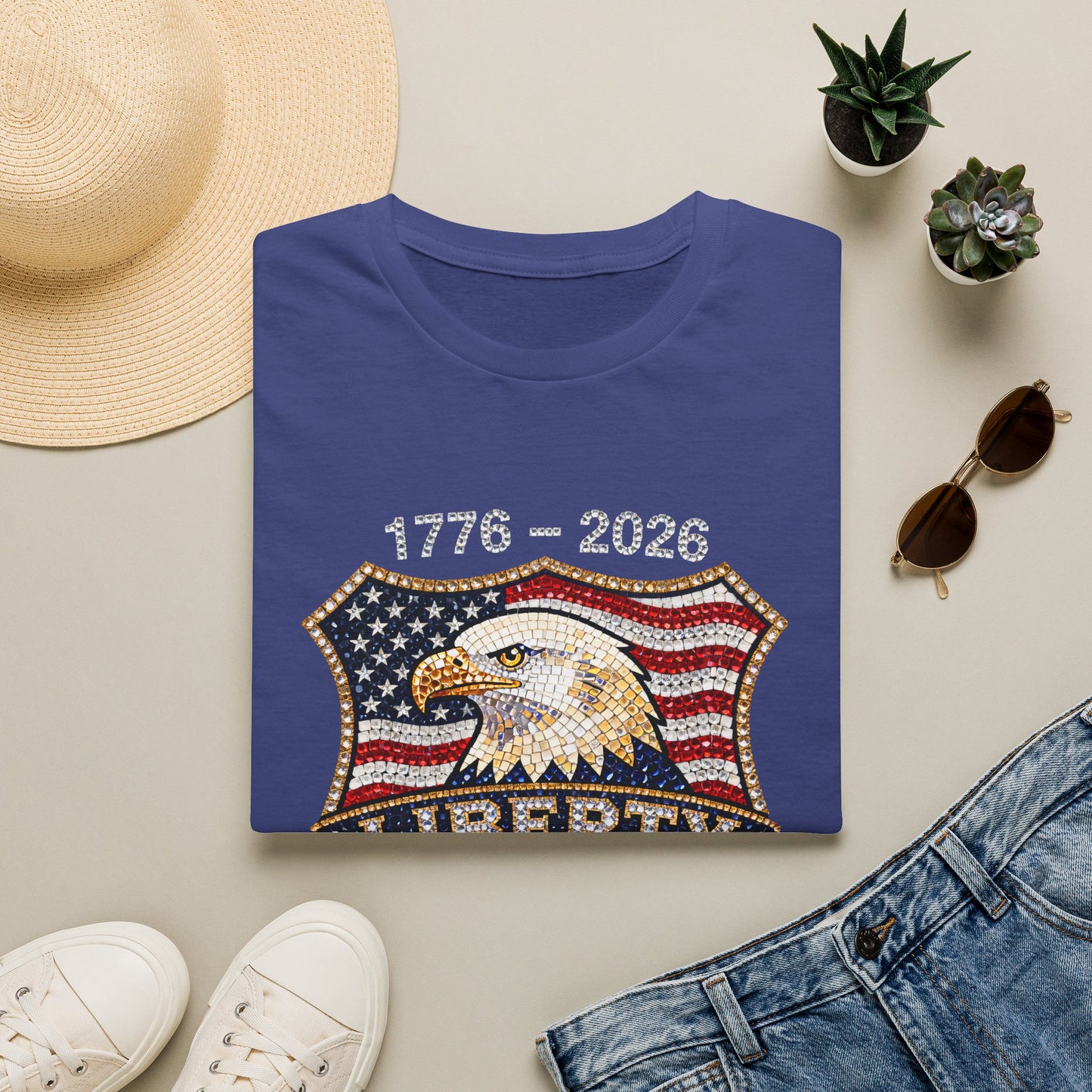 Patriotic Eagle USA Flag FAUX Glitter T-Shirt — 250 Year Celebration
