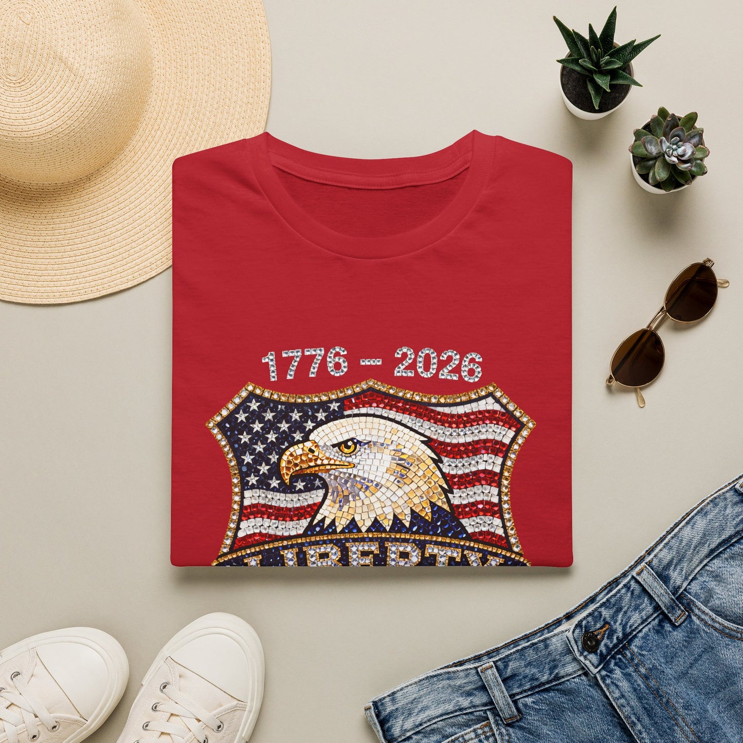 Patriotic Eagle USA Flag FAUX Glitter T-Shirt — 250 Year Celebration