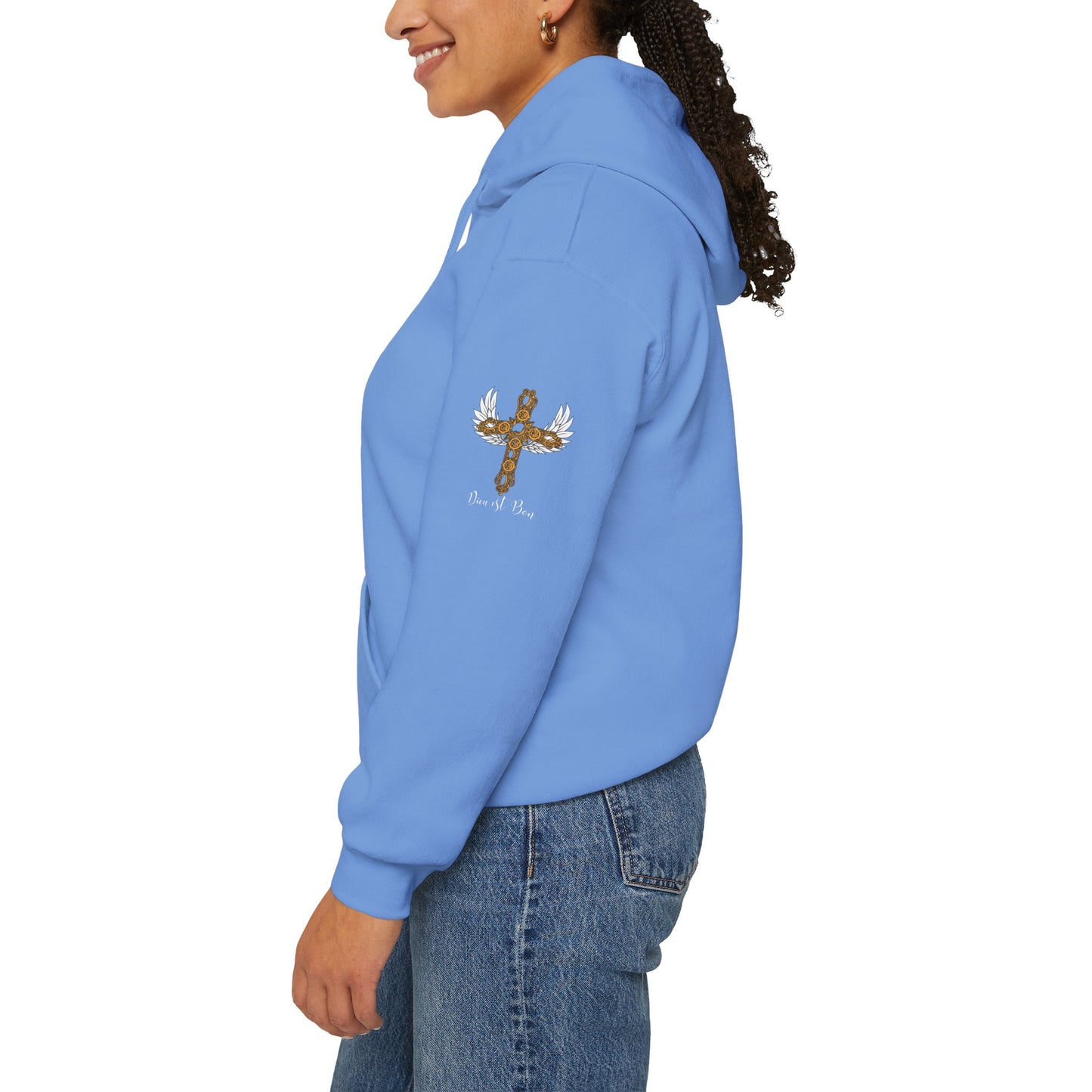 Dieu est Bon God is Good Hoodie with famous Faith Statement.  Gold Cross with white wings
