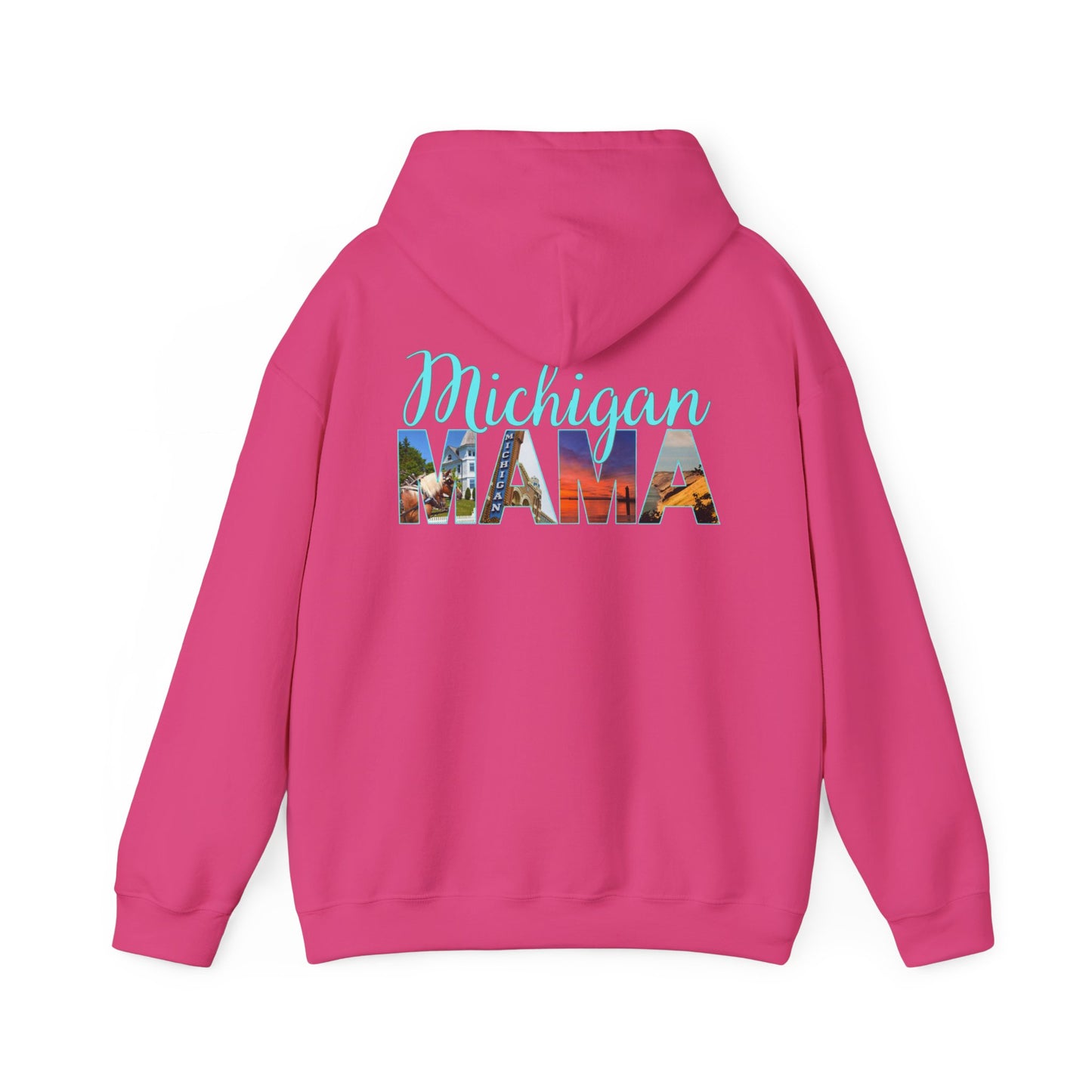 Michigan Mama Hoodie - Back Print Teal Blue script font and photos of cities in Michigan - Summer Version