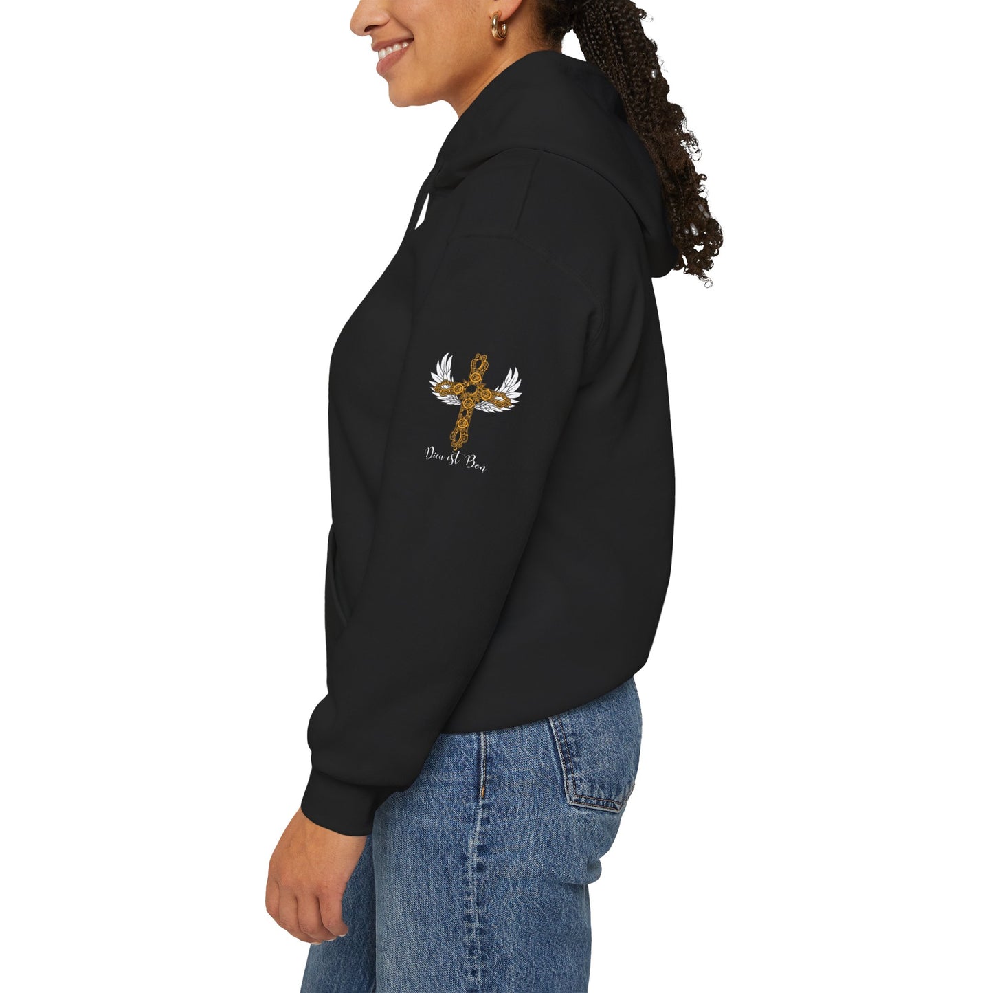 Dieu est Bon God is Good Hoodie with famous Faith Statement.  Gold Cross with white wings