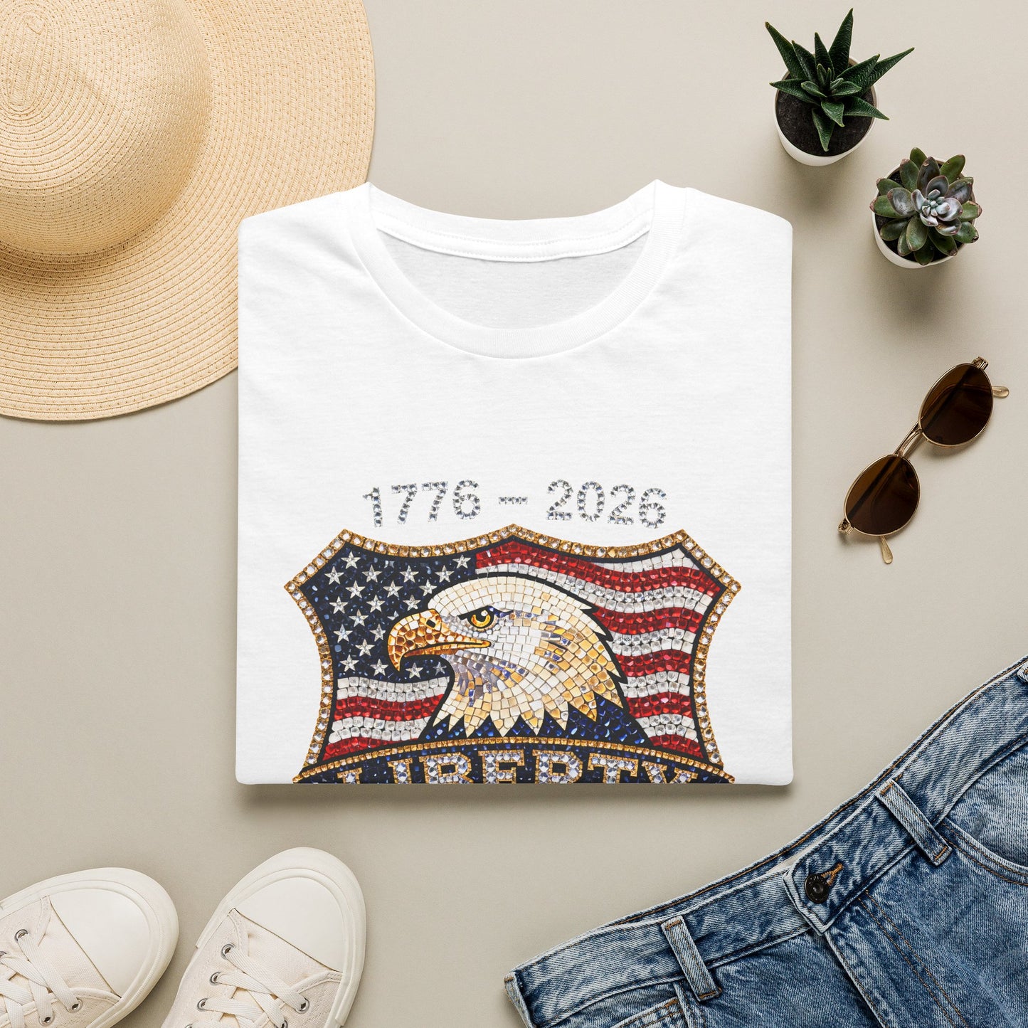 Patriotic Eagle USA Flag FAUX Glitter T-Shirt — 250 Year Celebration