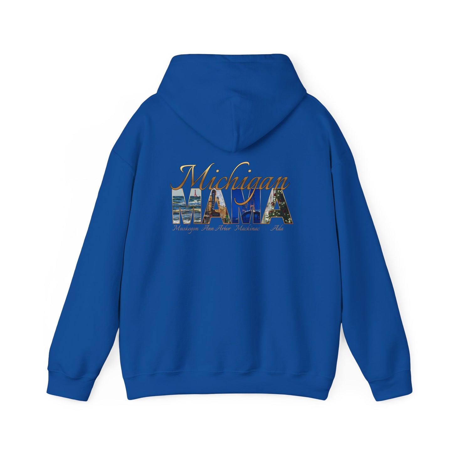 Michigan Mama Hoodie - Back Print Rich golden script font and photos of cities in Michigan