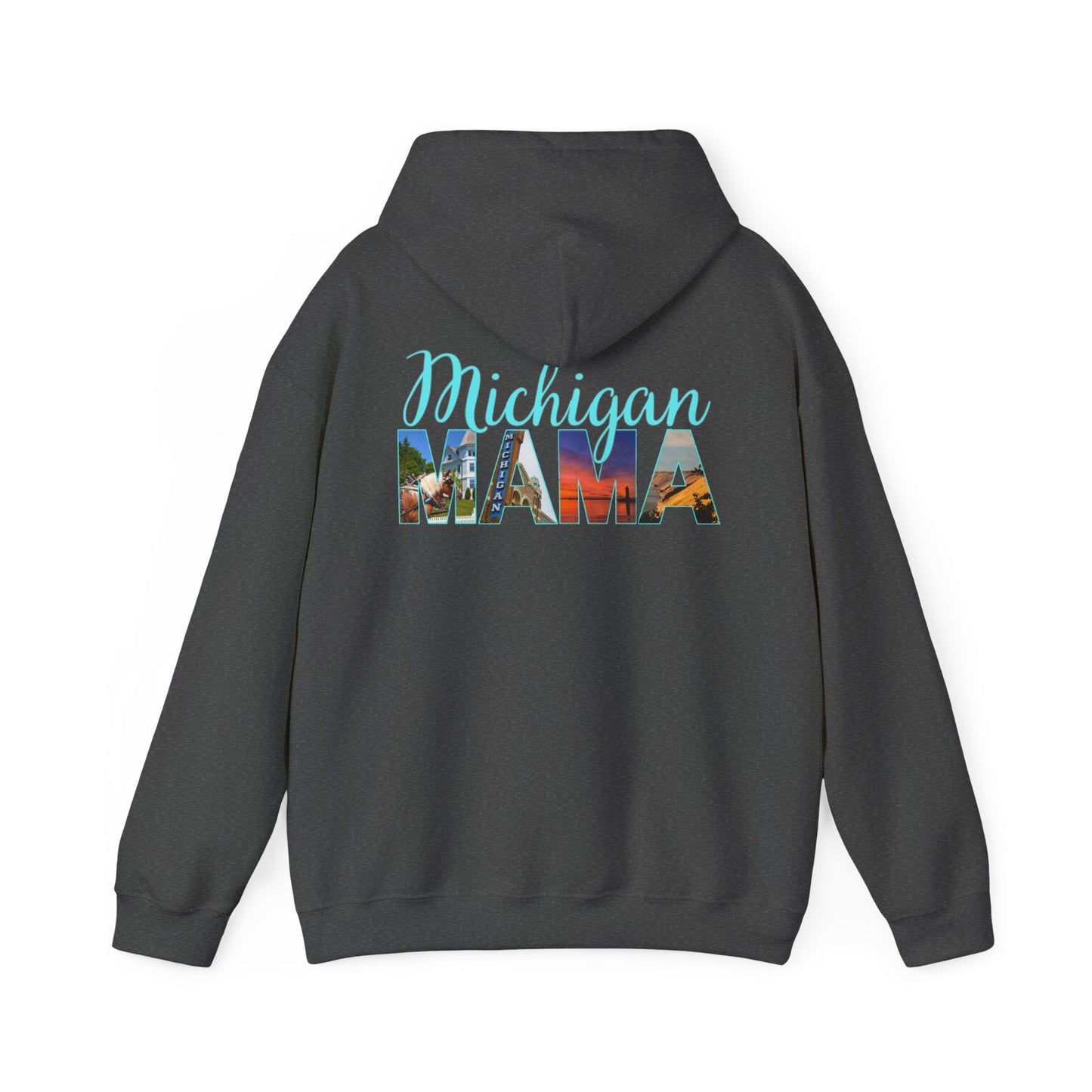 Michigan Mama Hoodie - Back Print Teal Blue script font and photos of cities in Michigan - Summer Version