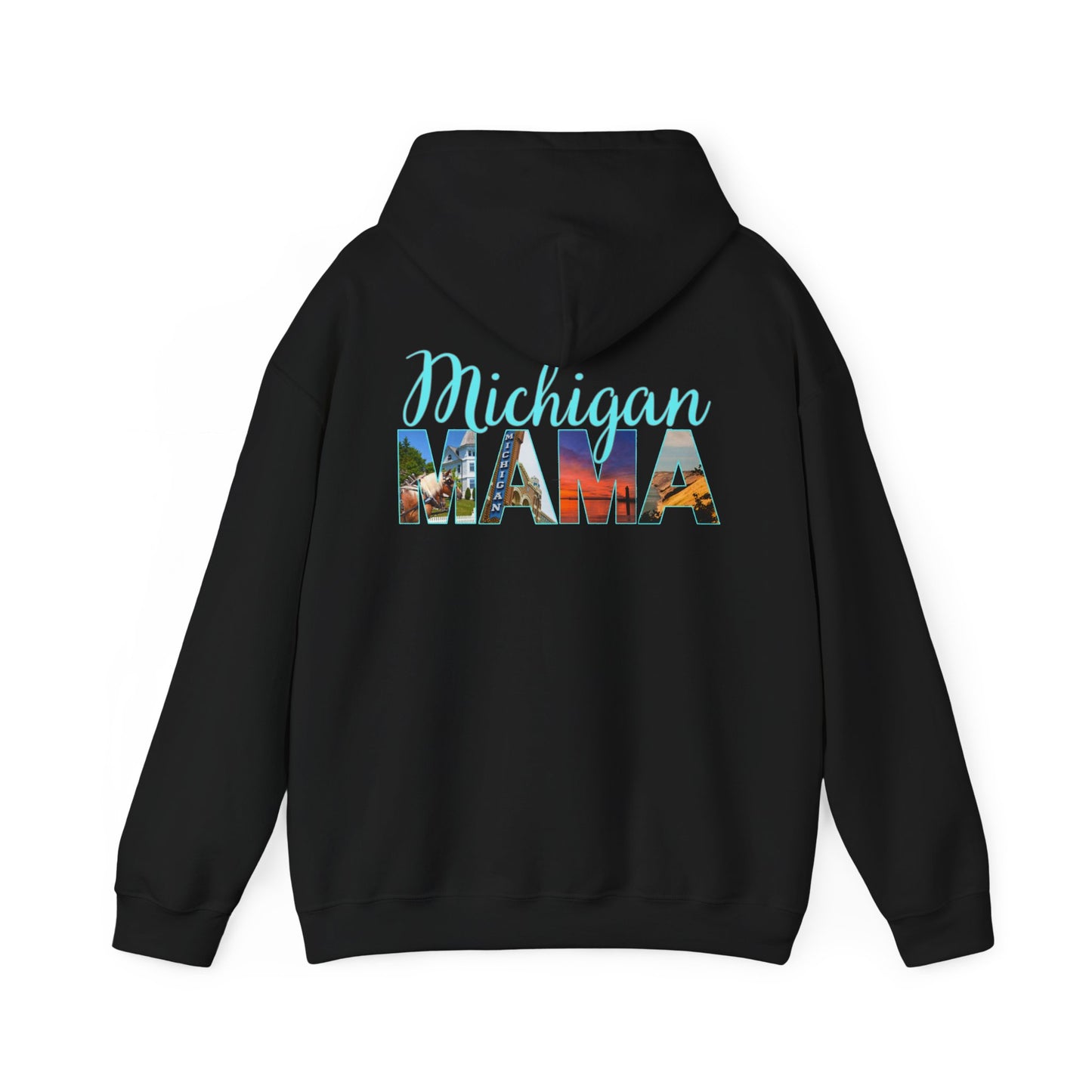 Michigan Mama Hoodie - Back Print Teal Blue script font and photos of cities in Michigan - Summer Version