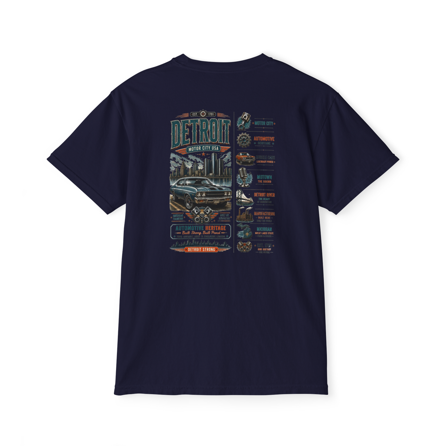 Detroit Motor City USA Pocket T-Shirt — Classic Car Automotive Heritage Tee