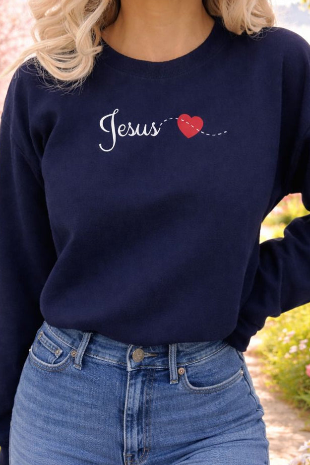 EMBROIDERY white Script Jesus with Stitched Heart – Embroidered soft Crewneck