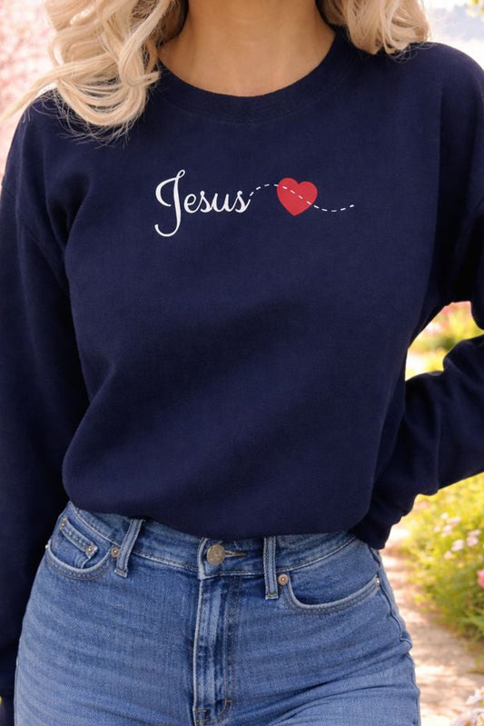 EMBROIDERY white Script Jesus with Stitched Heart – Embroidered soft Crewneck
