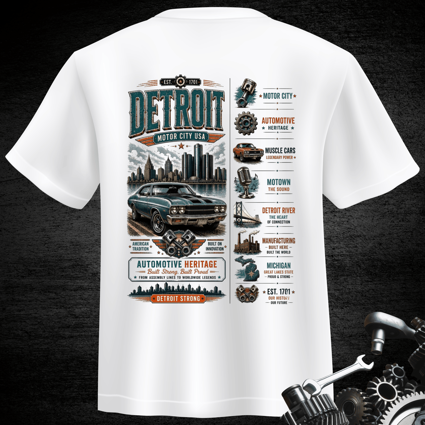 Detroit Motor City USA Pocket T-Shirt — Classic Car Automotive Heritage Tee