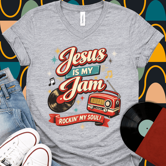 Jesus Is My Jam V-Neck Tee — Retro Christian Music Graphic Shirt