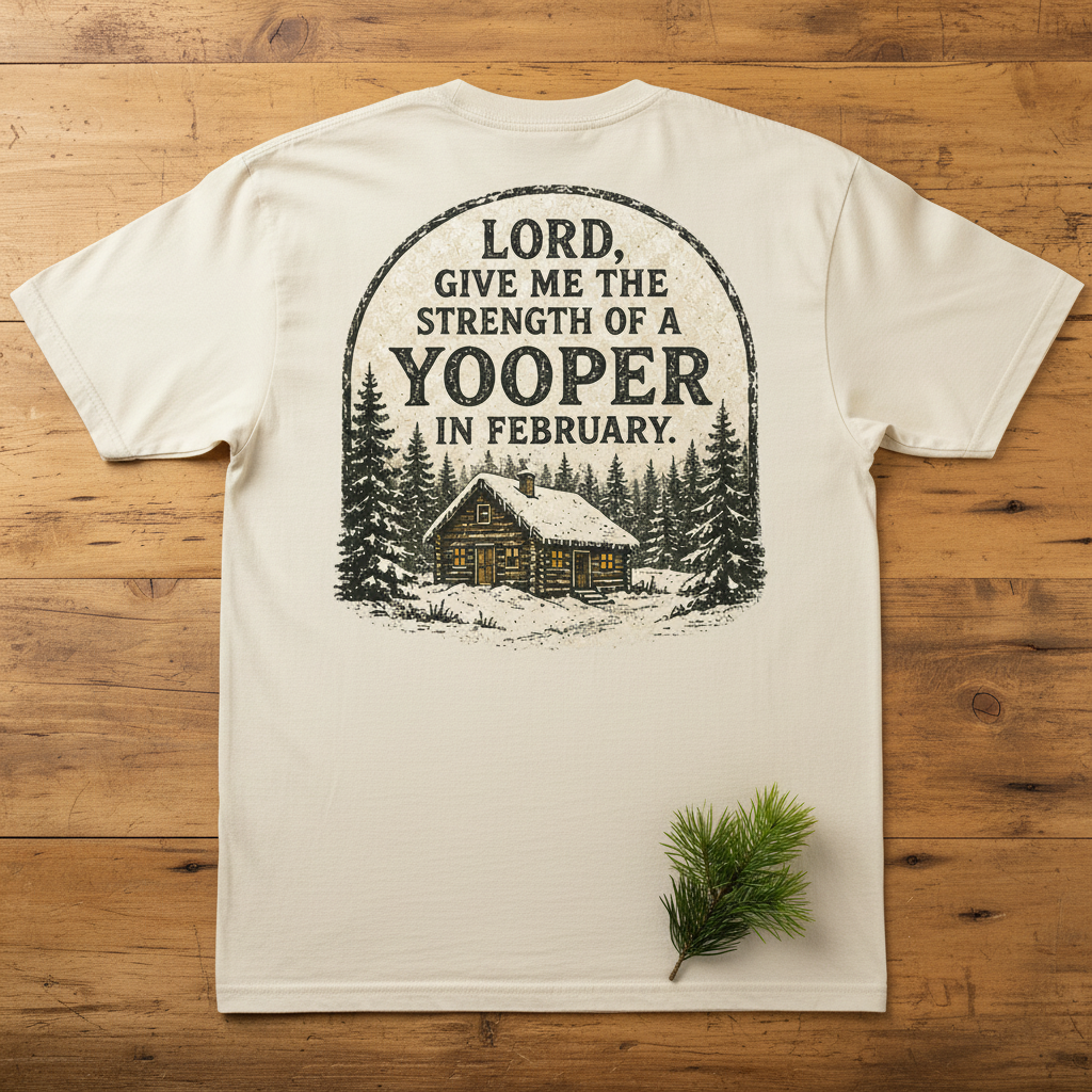 Ivory - Lord Give Me the Strength of a Yooper in February back print zoomed, warm wood background