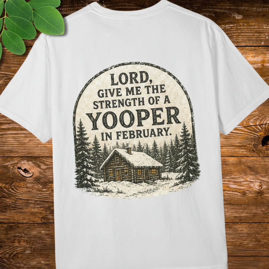 White - Lord Give Me the Strength of a Yooper in February back print zoomed, warm wood background