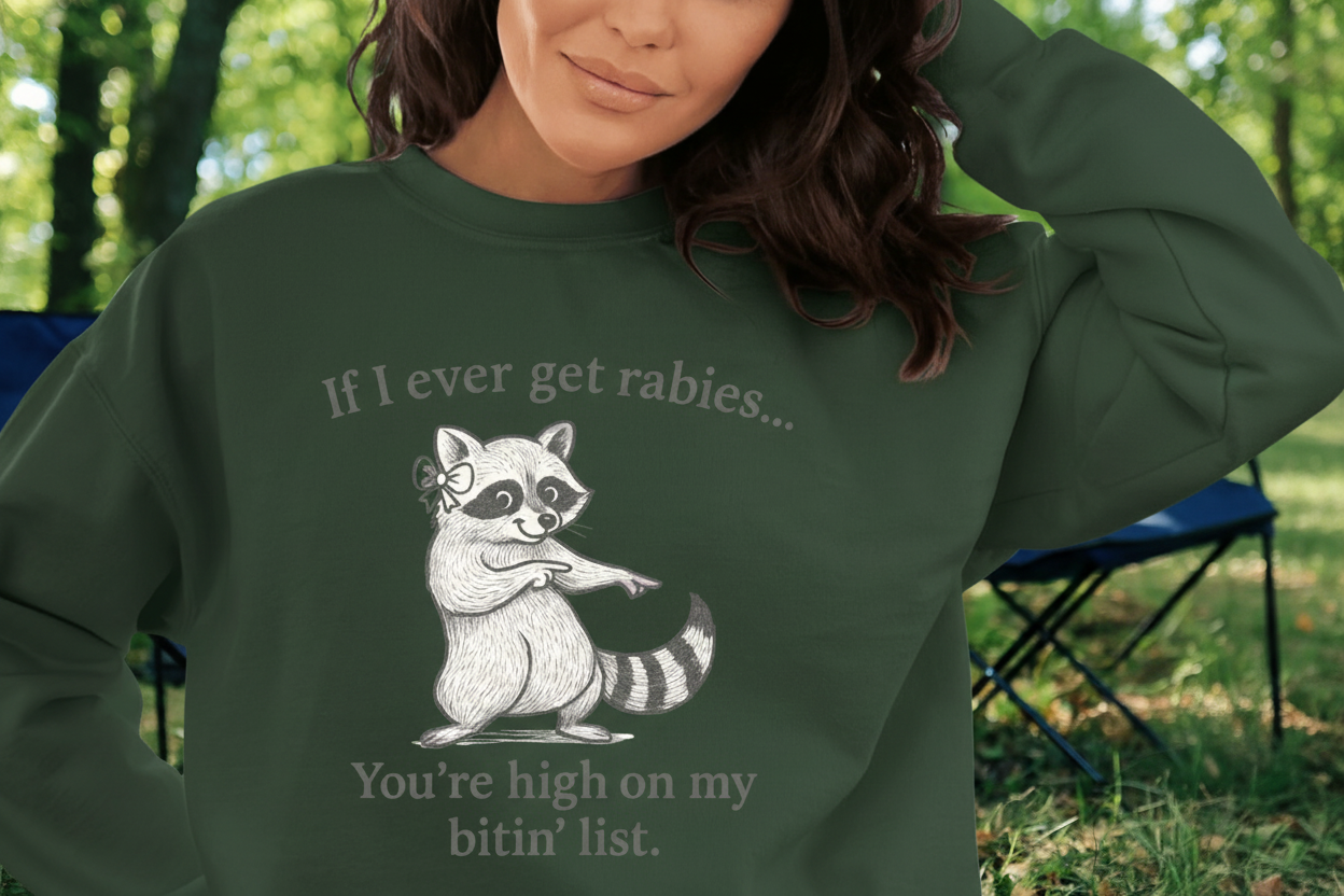 Funny Raccoon Crewneck Sweatshirt — "If I Ever Get Rabies… You’re High on My Bite List"