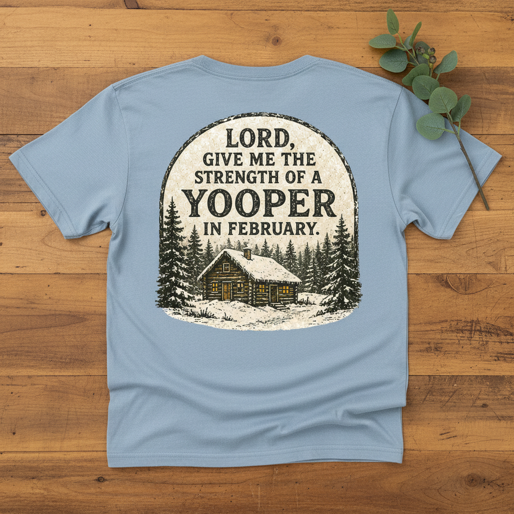 Chambray - Lord Give Me the Strength of a Yooper in February back print on warm wood background