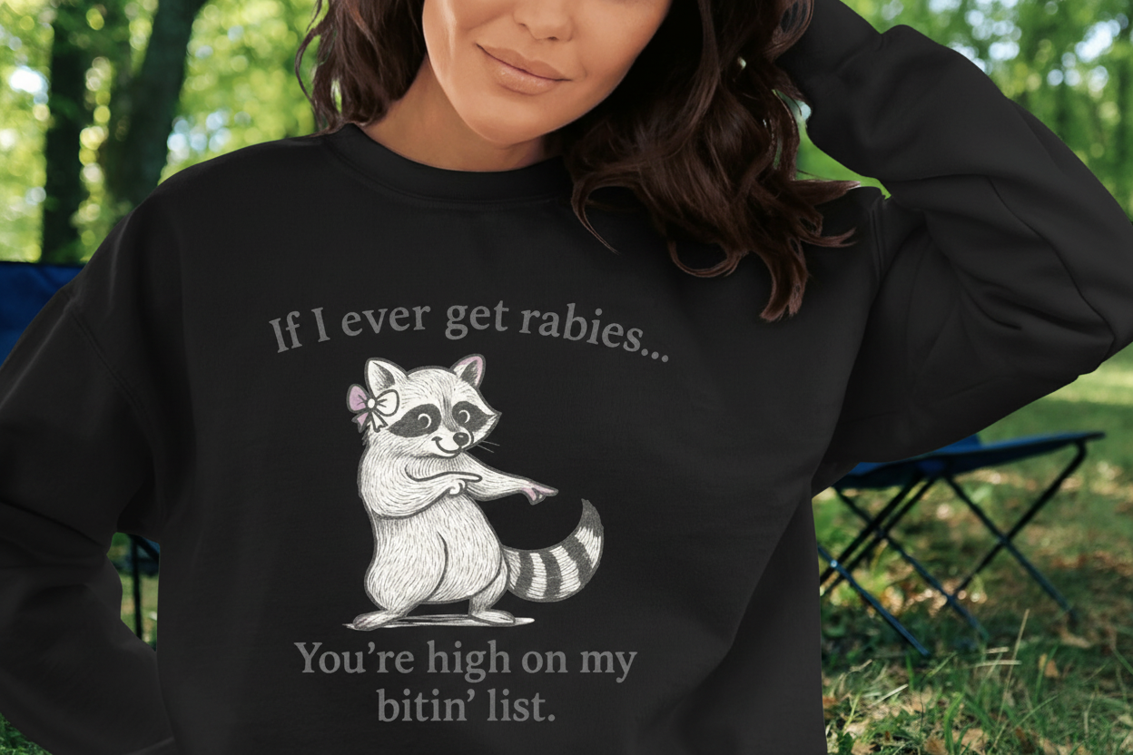 Funny Raccoon Crewneck Sweatshirt — "If I Ever Get Rabies… You’re High on My Bite List"