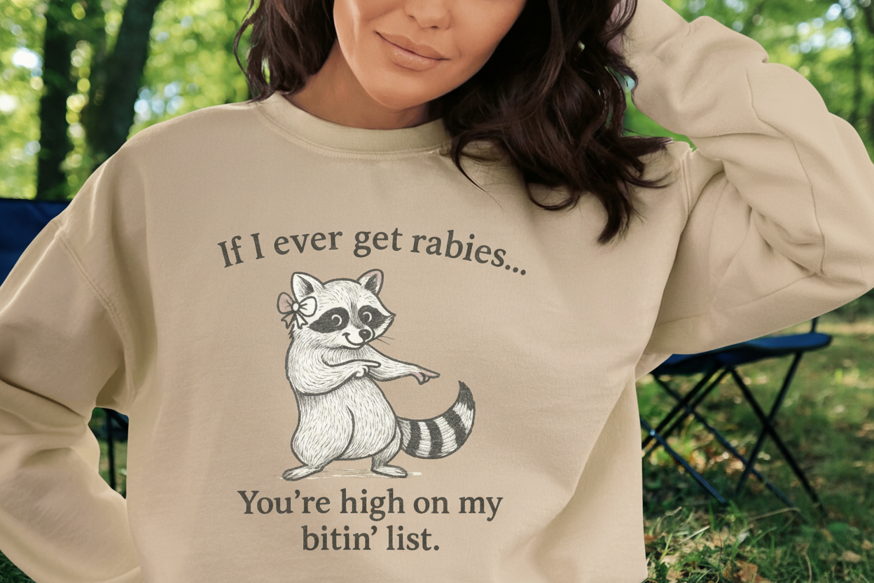 Funny Raccoon Crewneck Sweatshirt — "If I Ever Get Rabies… You’re High on My Bite List"