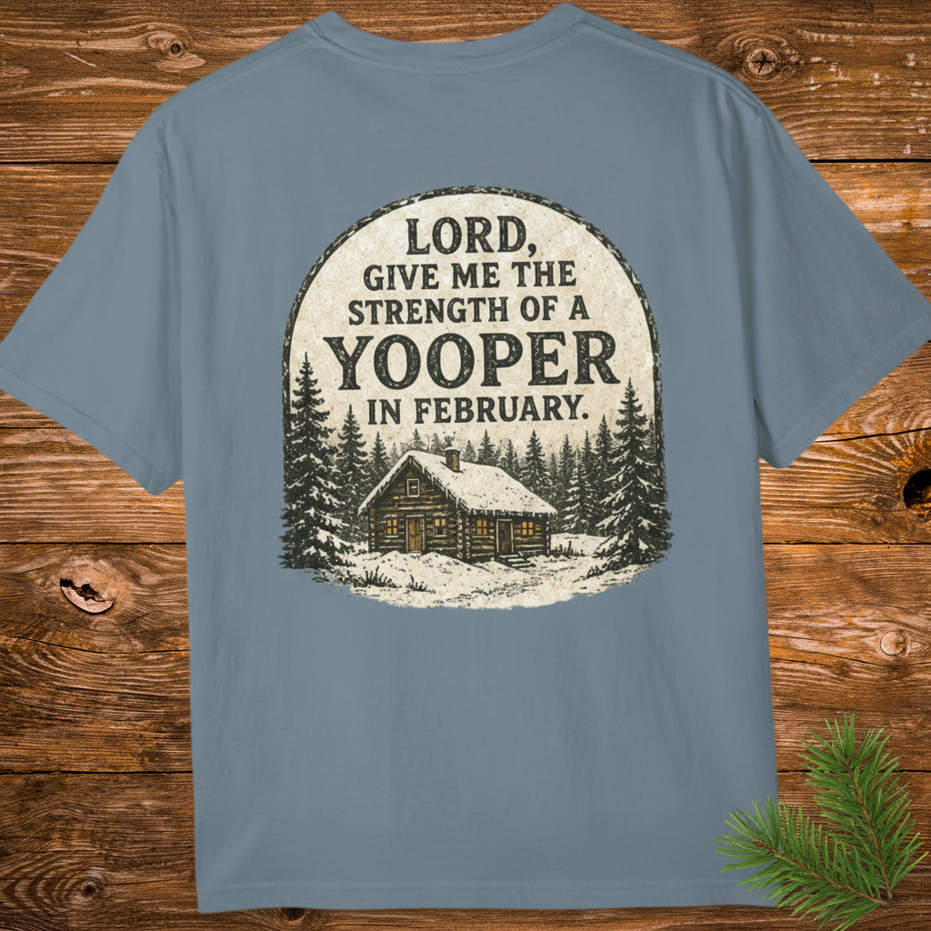 Blue Jean - Lord Give Me the Strength of a Yooper in February back print zoomed, warm wood background