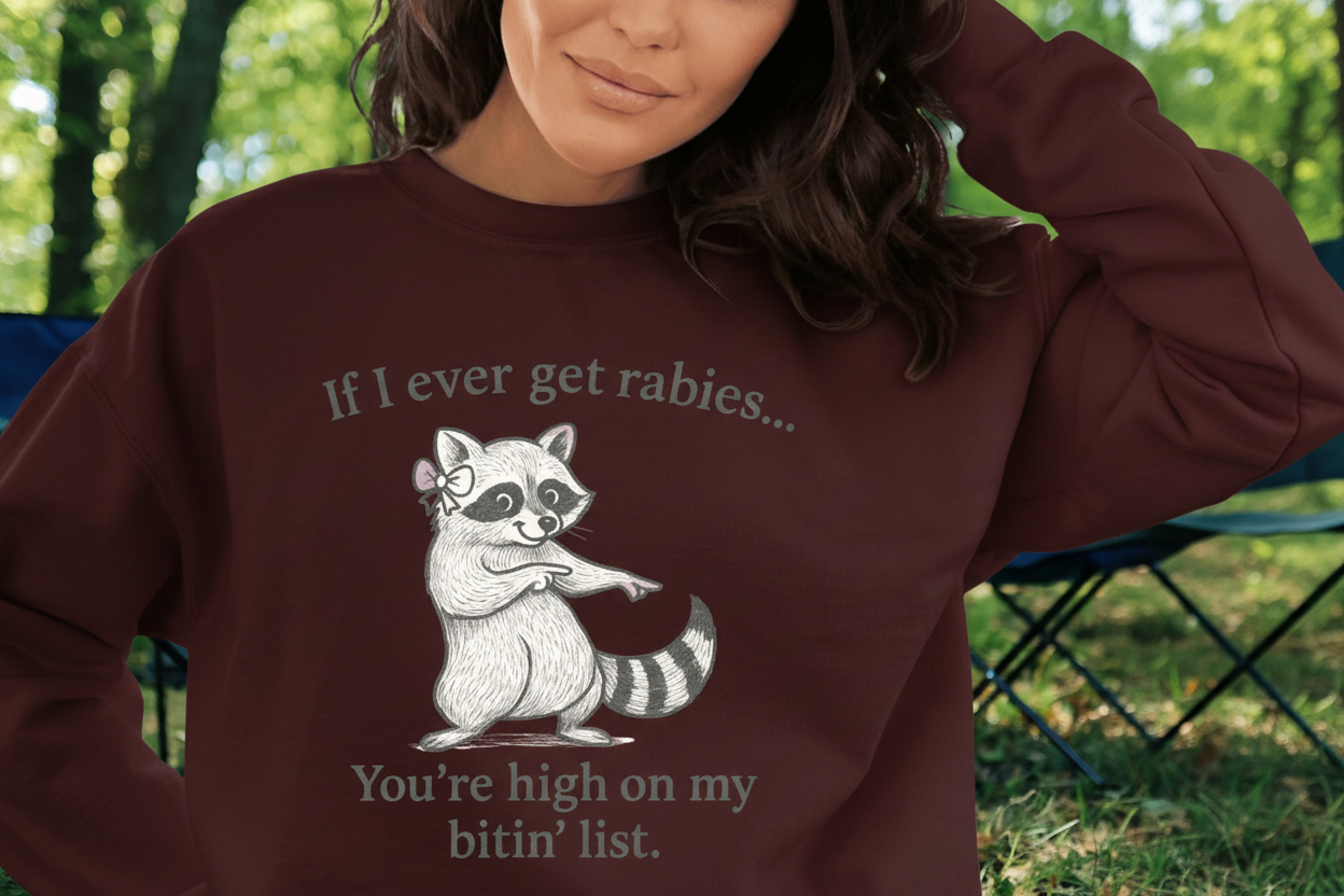 Funny Raccoon Crewneck Sweatshirt — "If I Ever Get Rabies… You’re High on My Bite List"