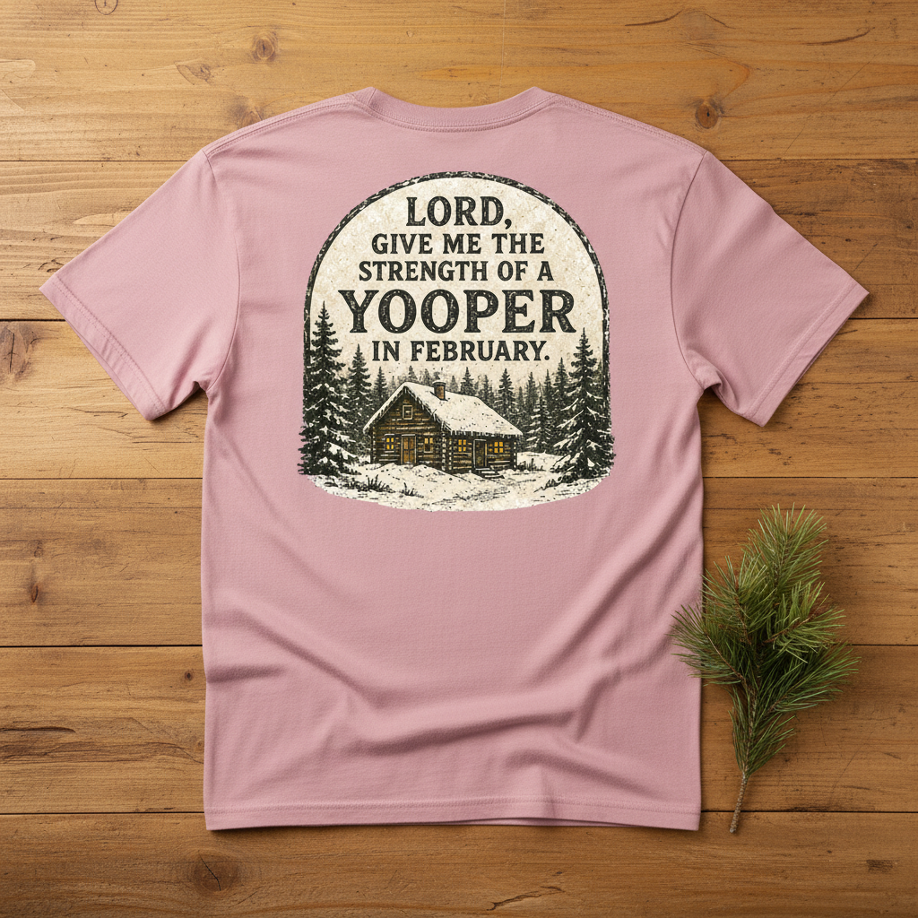 Blossom - Lord Give Me the Strength of a Yooper in February back print on warm wood background