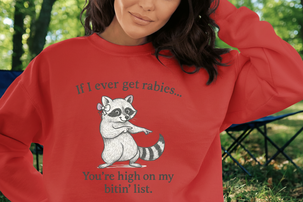 Funny Raccoon Crewneck Sweatshirt — "If I Ever Get Rabies… You’re High on My Bite List"