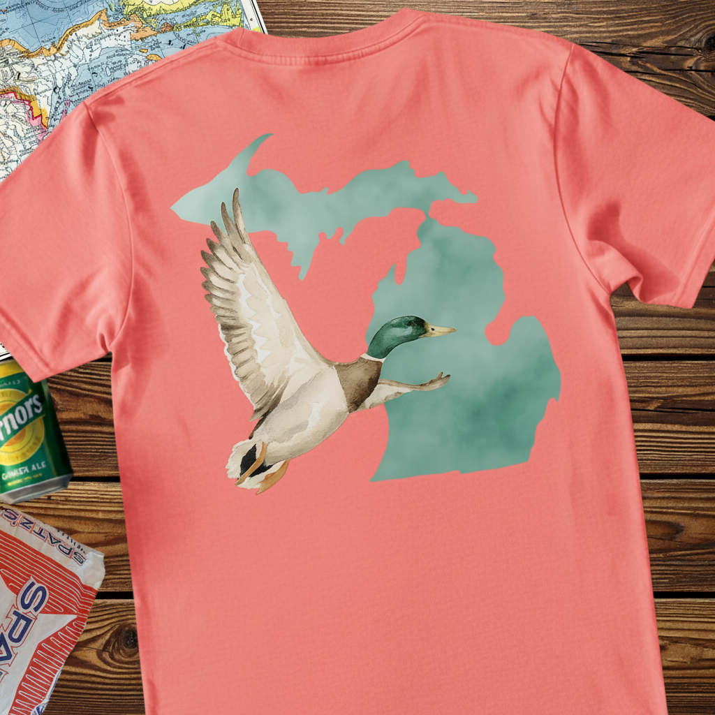 Michigan Mallard Map T-Shirt — Bright Salmon