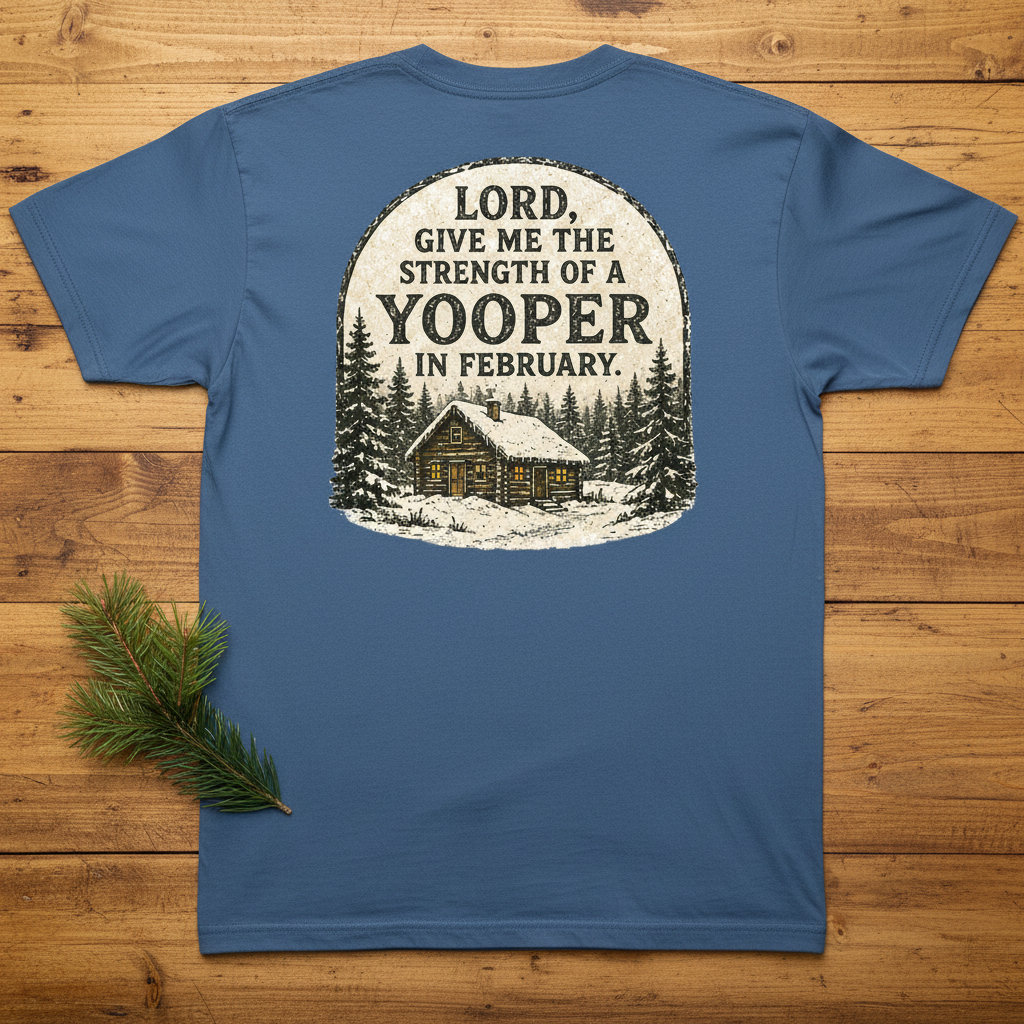 Blue Jean - Lord Give Me the Strength of a Yooper in February back print on warm wood background