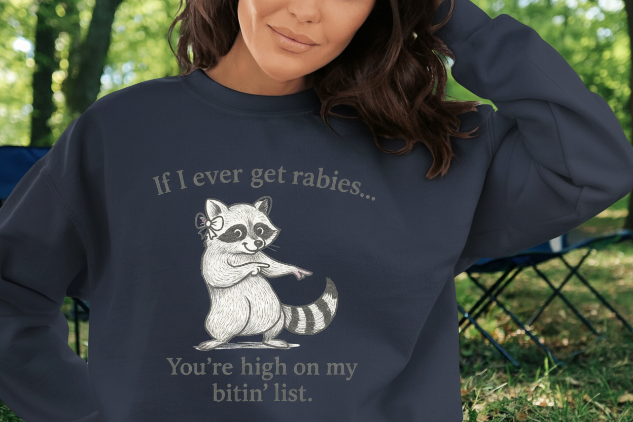 Funny Raccoon Crewneck Sweatshirt — "If I Ever Get Rabies… You’re High on My Bite List"
