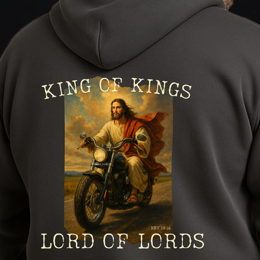 King of Kings Christian Hoodie with Jesus on motorcycle returning
