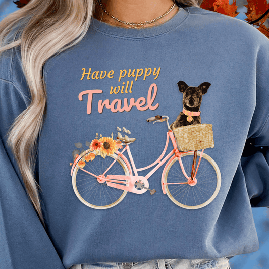 Cute FALL floral Have Puppy will Travel shirt with adorable puppy in Bicycle basket ready to go for a ride